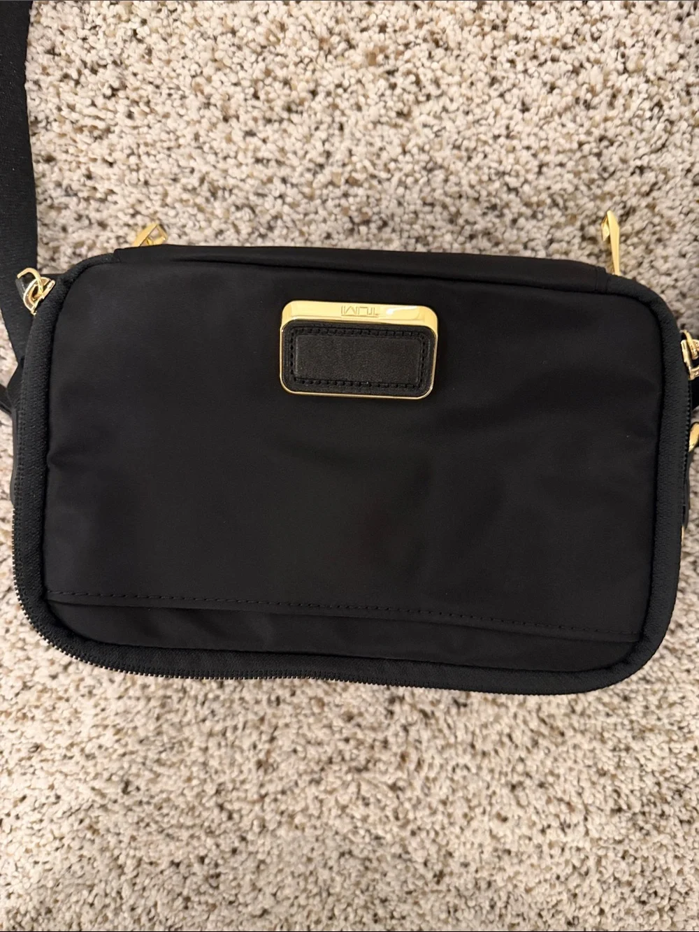 Tumi Black Crossbody Bag with Gold Hardware (camera bag style) Voyageur